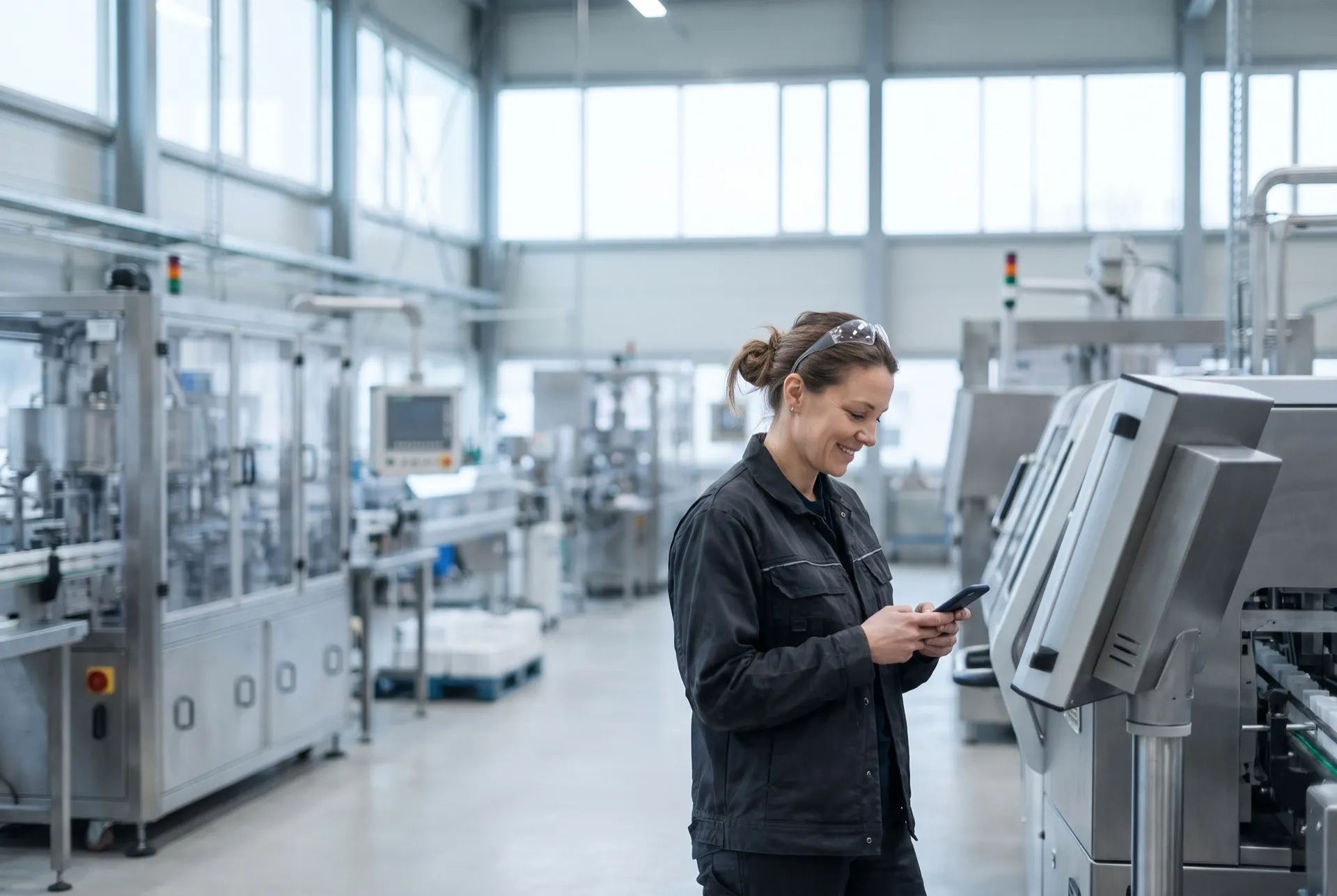 Shift supervisor in a production hall reading an answer on her phone