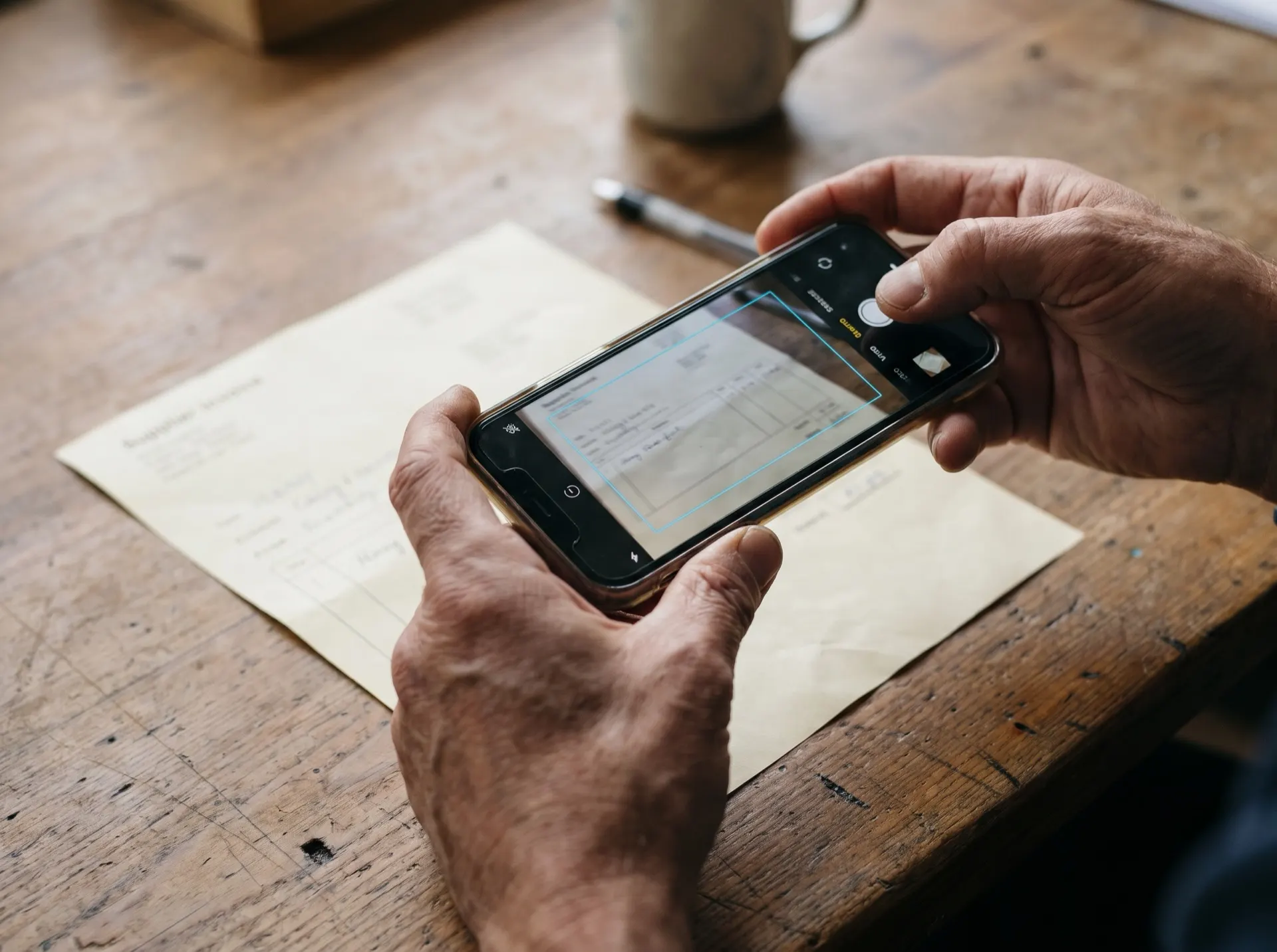 Hands taking a phone photo of a paper invoice